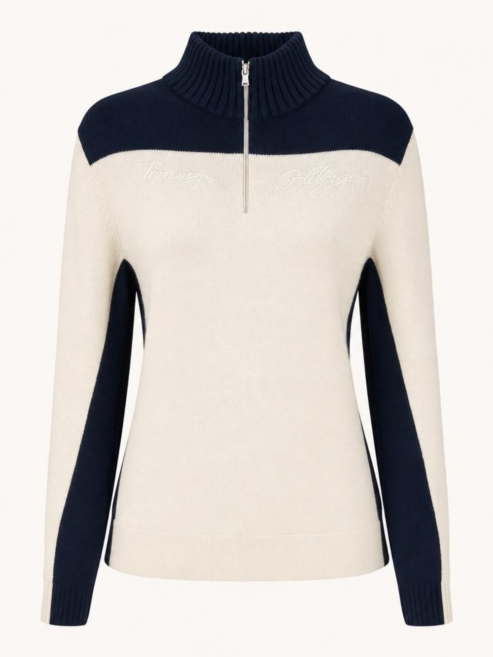 Tommy Hilfiger Colorblock Quarter-Zip Mock Neck Sweater Navy Cream Knit Pullover